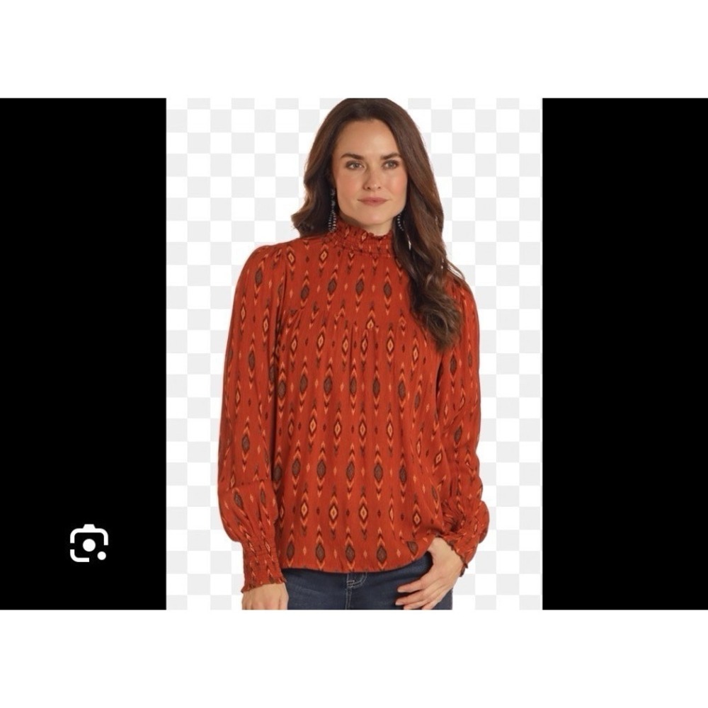 Panhandle Scarlet Ikat Smocked Top Blouse Sz 1X Terracotta Western Boho Cowgirl